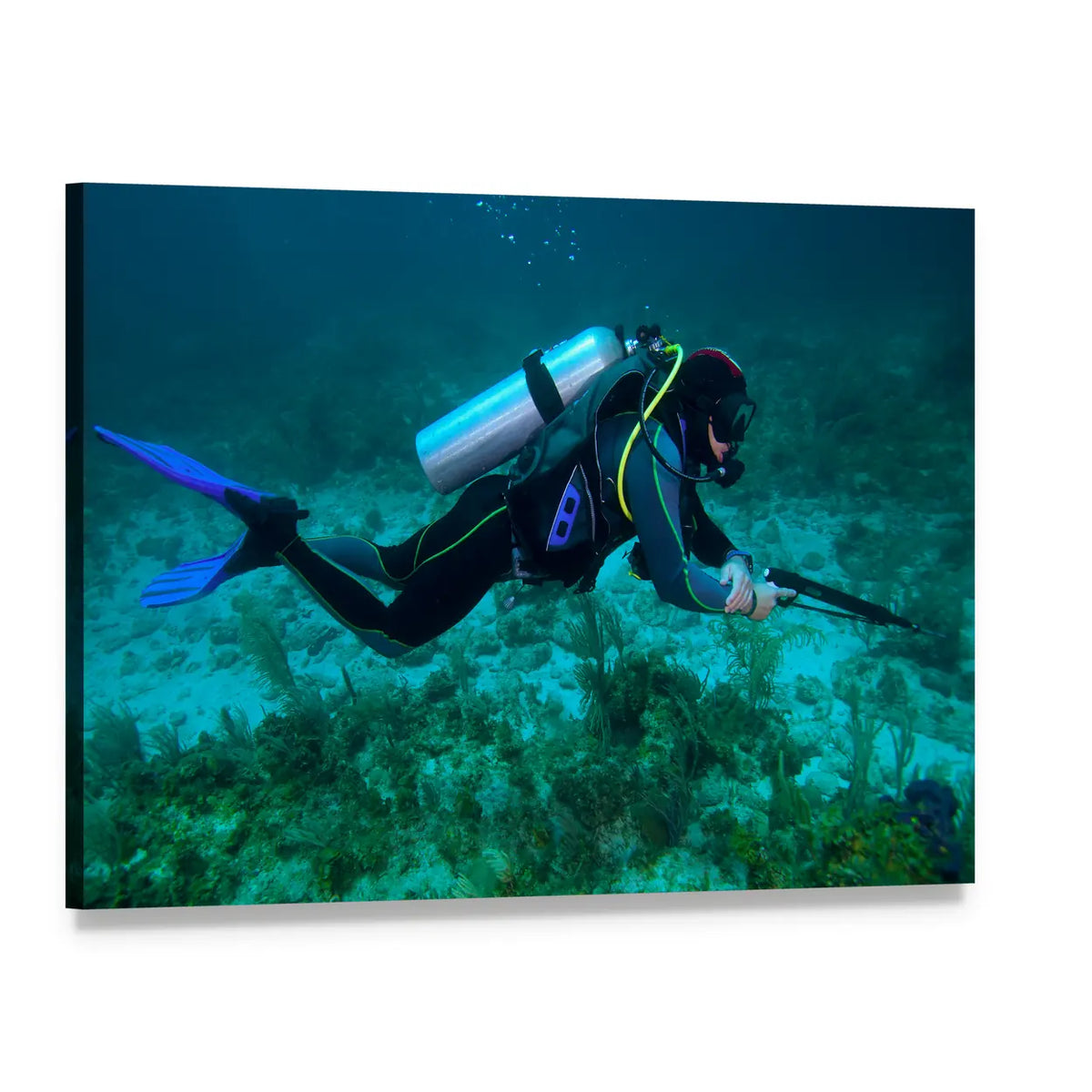 Scuba Diver with Speargun Canvas Wall Art, single panel gallery wrapped canvas, angled product view