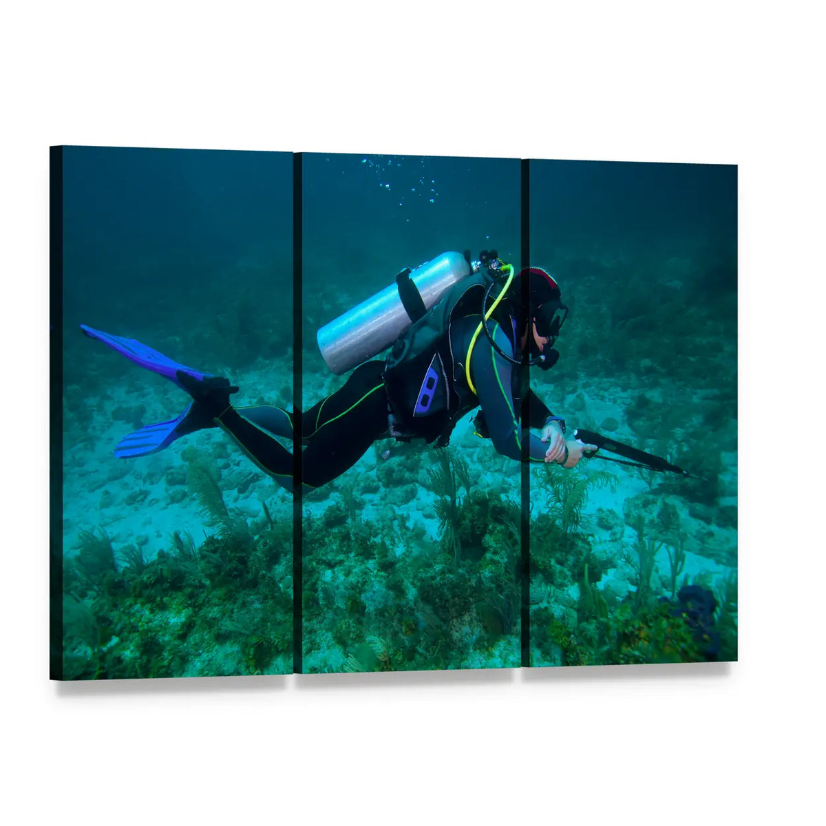 Scuba Diver with Speargun Canvas Wall Art, 3 panel 3 Horizontal layout gallery wrapped canvas set, angled product view