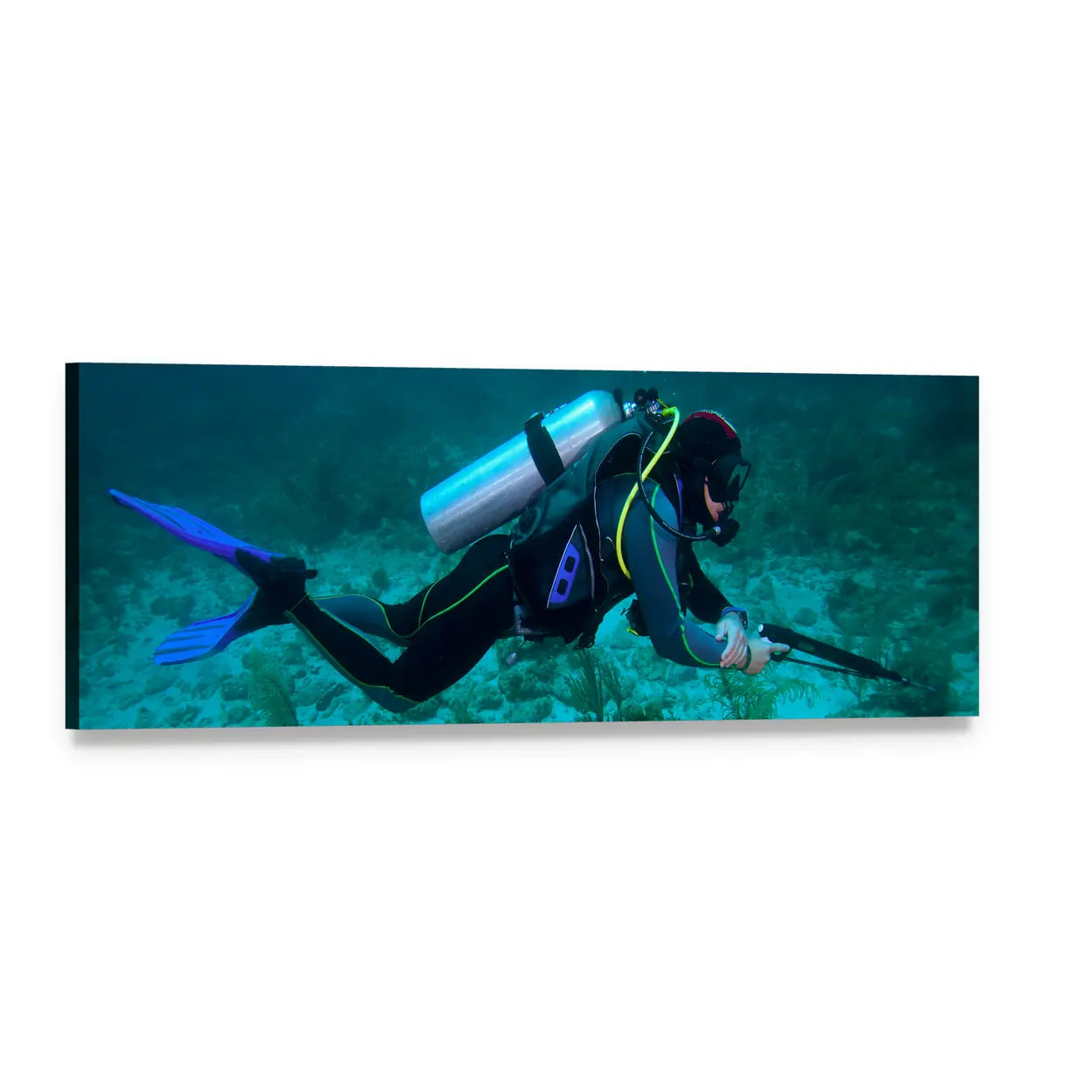 Scuba Diver with Speargun Panoramic Canvas Wall Art, single panel gallery wrapped canvas, angled product view