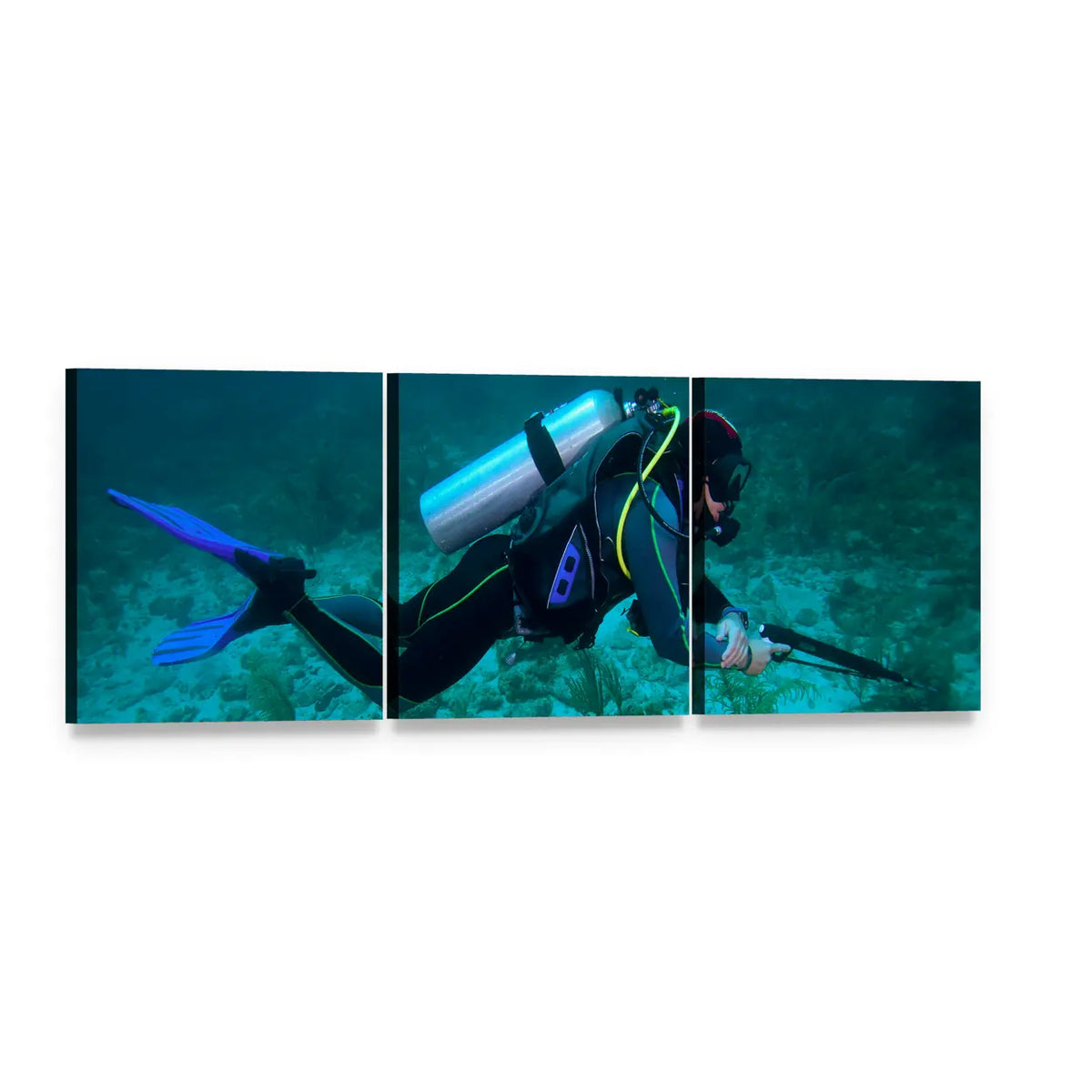Scuba Diver with Speargun Panoramic Canvas Wall Art, 3 panel 3 Piece layout gallery wrapped canvas set, angled product view