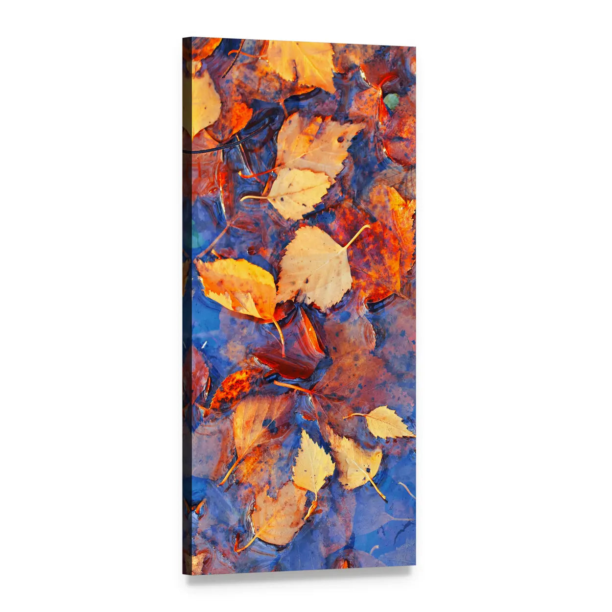 Birch Leaves on Still Water Vertical Canvas Wall Art, 1 panel 1 Vertical layout gallery wrapped canvas set, angled product view