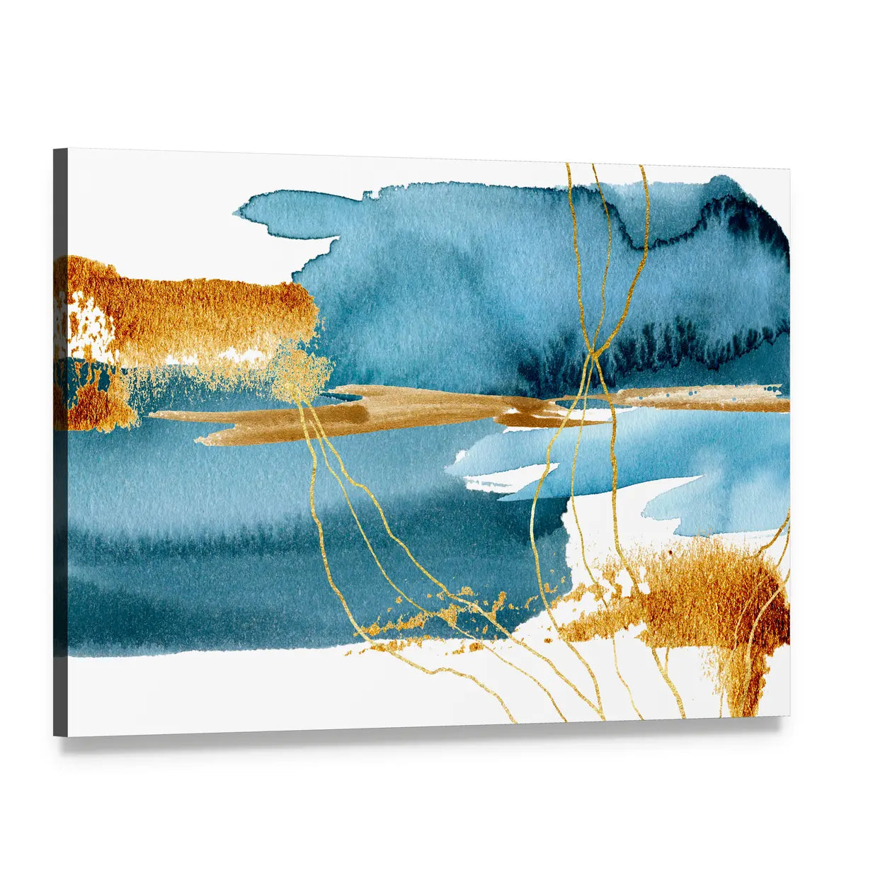 Blue and Gold Abstract Landscape Canvas Wall Art, single panel gallery wrapped canvas, angled product view