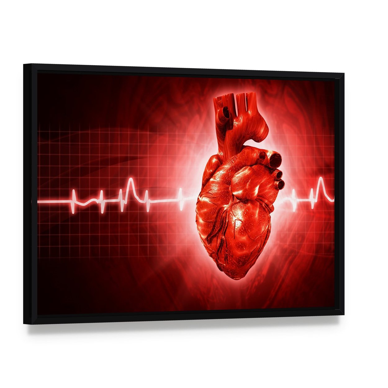 Human Heart Ecg Canvas Wall Art, framed canvas in a black floater frame, angled product view