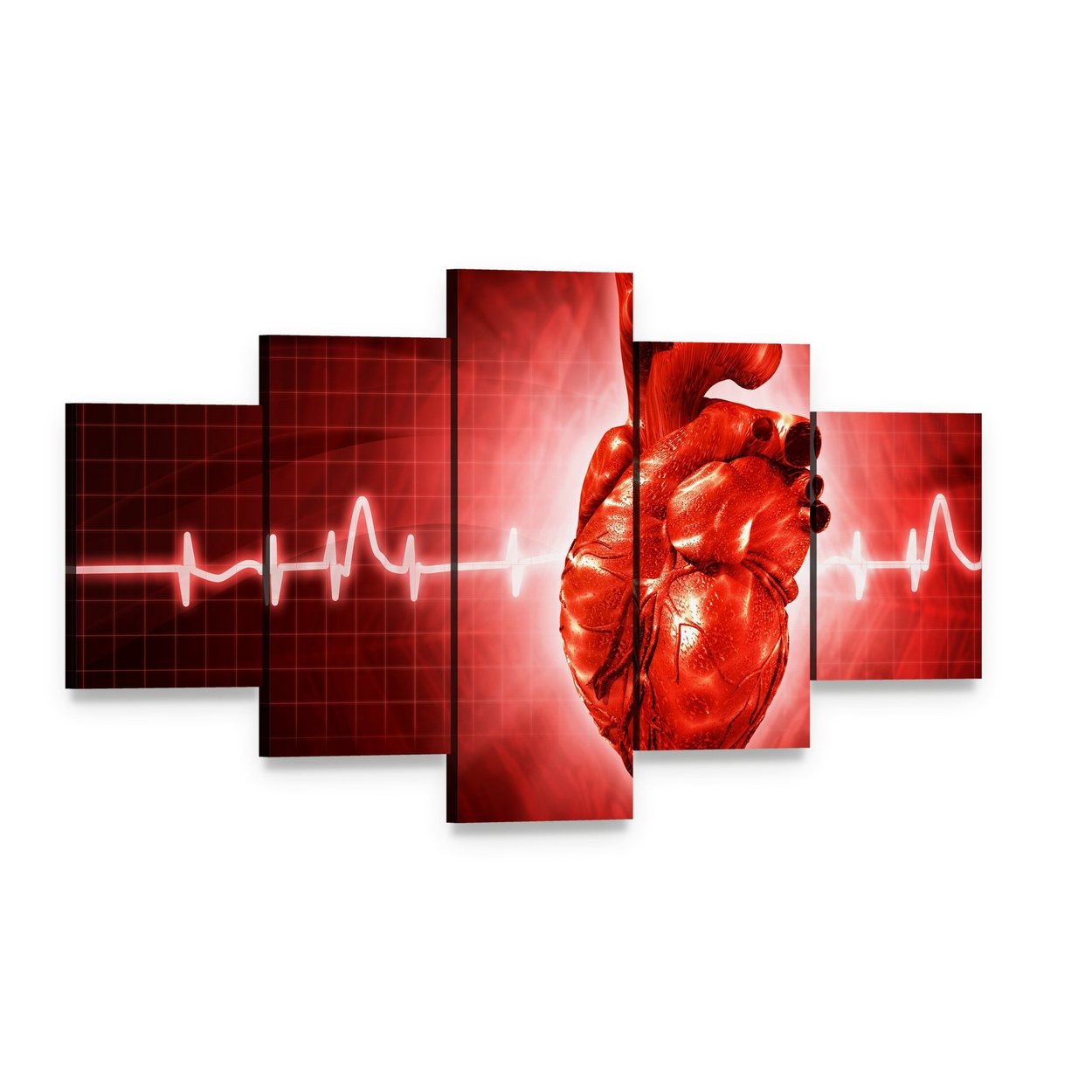 Human Heart Ecg Canvas Wall Art, 5 panel 5 Star layout gallery wrapped canvas set, angled product view