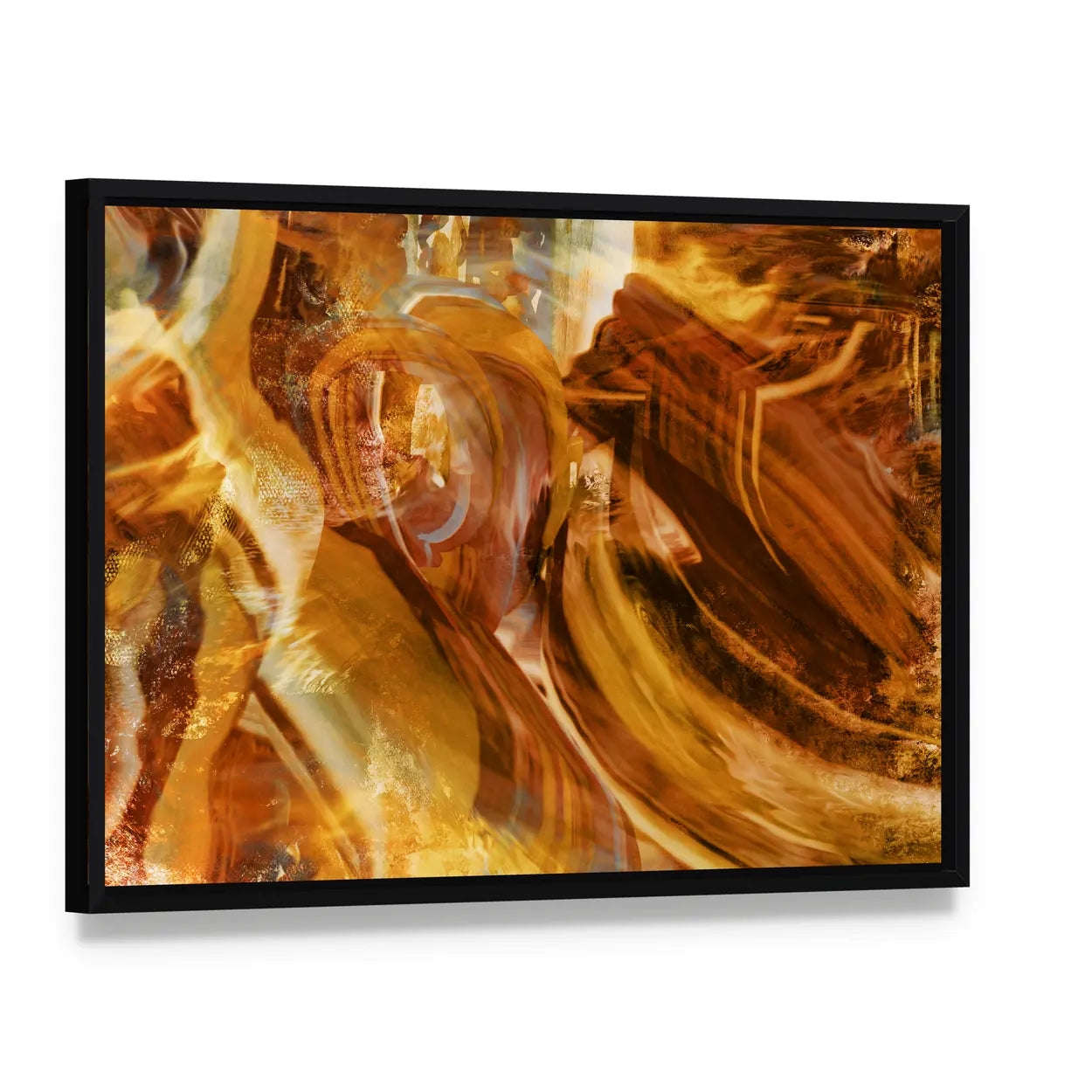 Amber and Gold Abstract with Layered Textures Canvas Wall Art, framed canvas in a black floater frame, angled product view