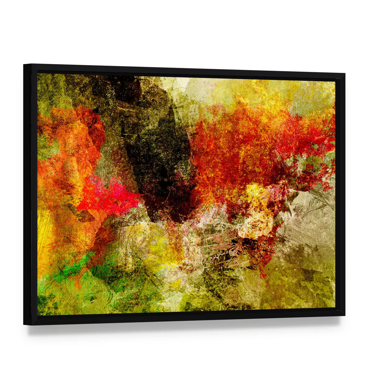Acrylic Abstract with Central Dark Mass Canvas Wall Art, framed canvas in a black floater frame, angled product view