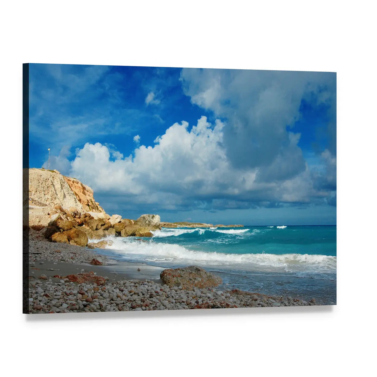 Remote Island Waves on Pebble Beach Canvas Wall Art, single panel gallery wrapped canvas, angled product view