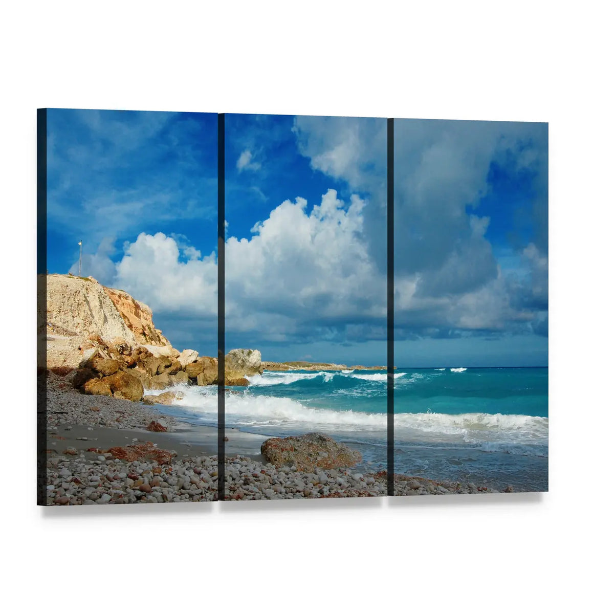 Remote Island Waves on Pebble Beach Canvas Wall Art, 3 panel 3 Horizontal layout gallery wrapped canvas set, angled product view