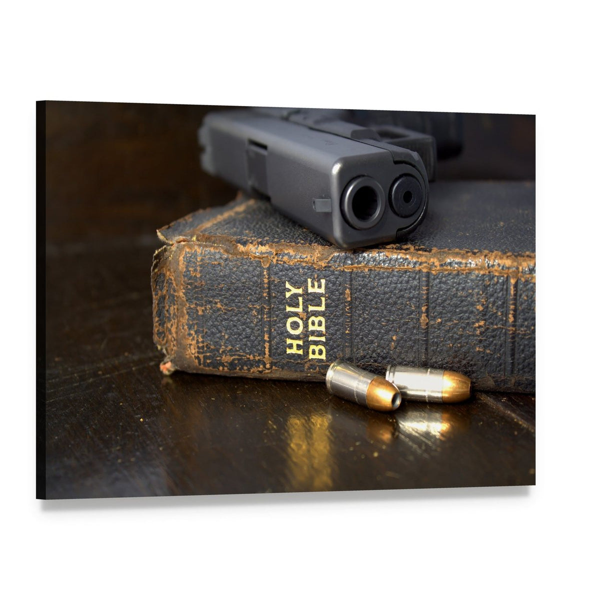 Pistol and Ammo with Bible Canvas Wall Art, single panel gallery wrapped canvas, angled product view