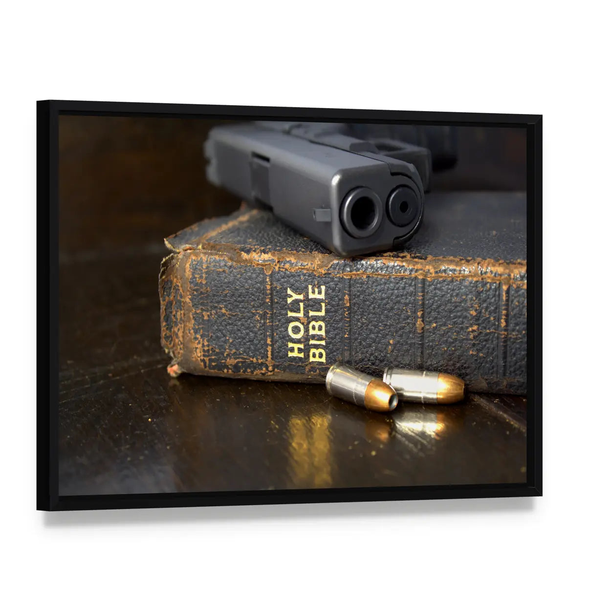Handgun and Bible Still Life Canvas Wall Art, framed canvas in a black floater frame, angled product view