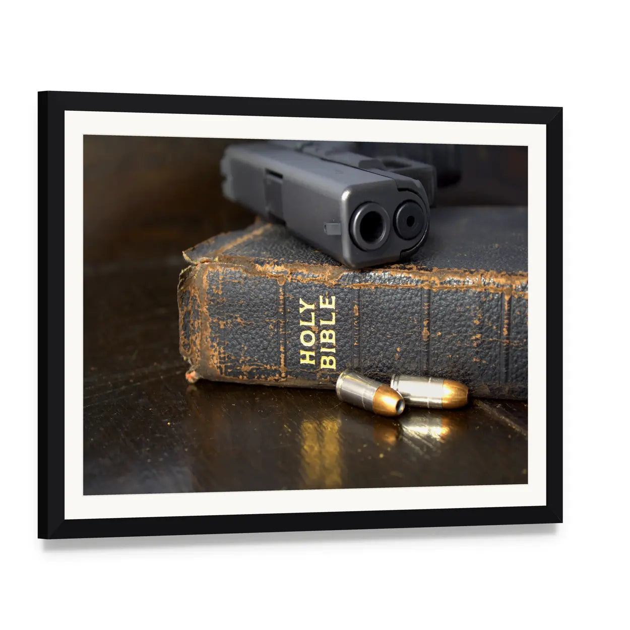 Handgun and Bible Still Life Canvas Wall Art, framed print with white mat and black frame, angled product view