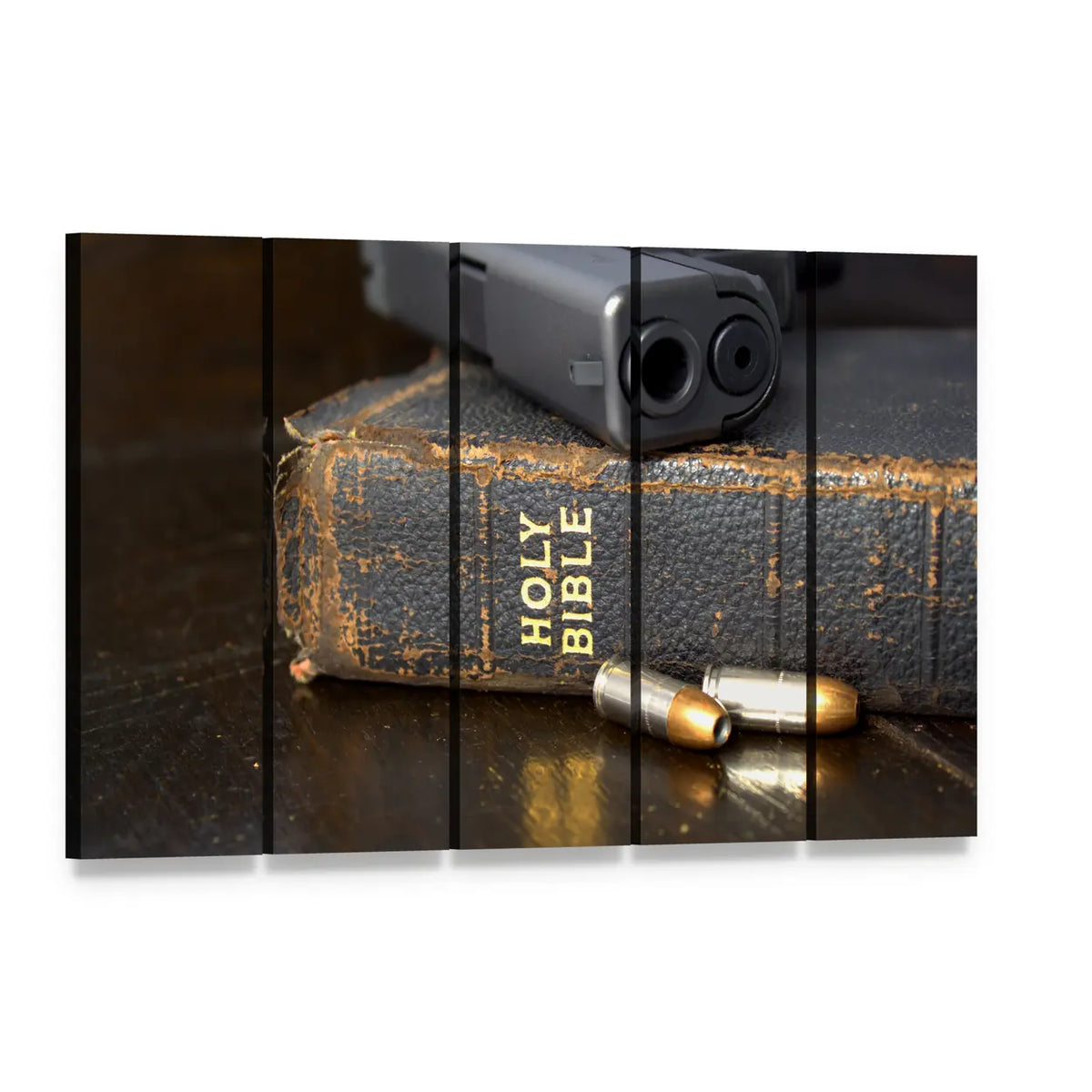 Handgun and Bible Still Life Canvas Wall Art, 5 panel 5 Horizontal layout gallery wrapped canvas set, angled product view