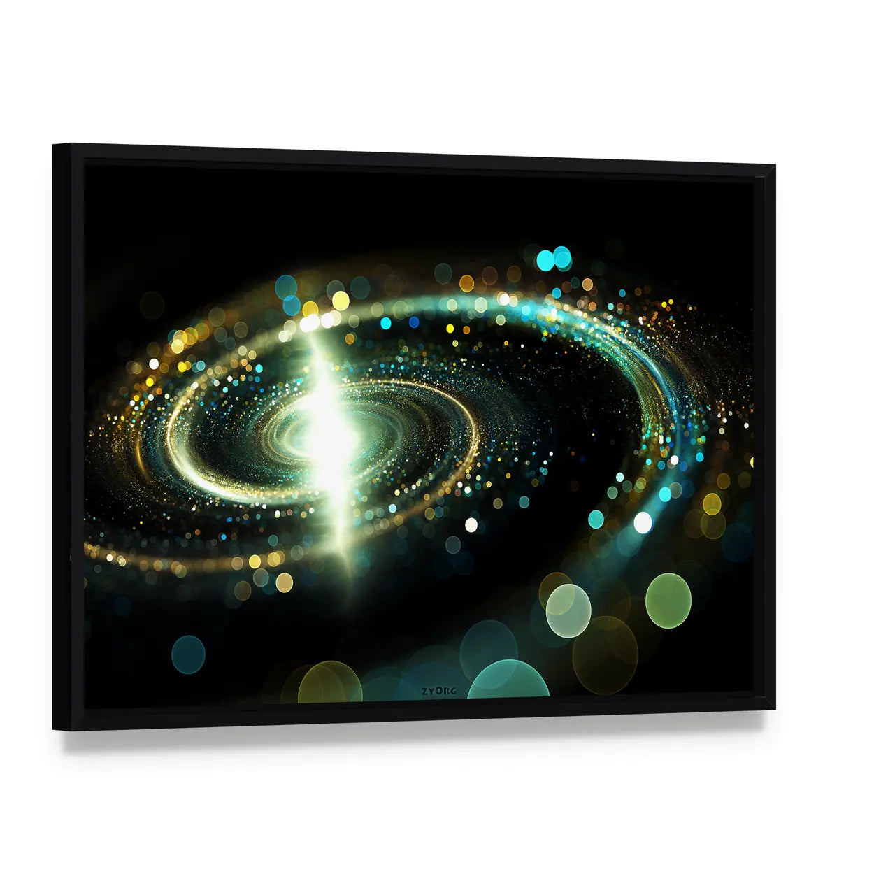 Spiral Galaxy Representation Via Lights Canvas Wall Art, framed canvas in a black floater frame, angled product view