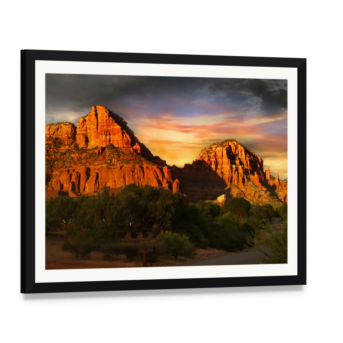 Sedona Red Rock Mountains at Sunset Canvas Wall Art, framed print with white mat and black frame, angled product view