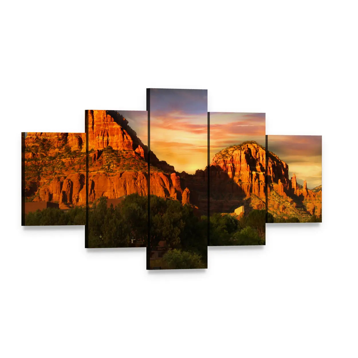 Sedona Red Rock Mountains at Sunset Canvas Wall Art, 5 panel 5 Star layout gallery wrapped canvas set, angled product view