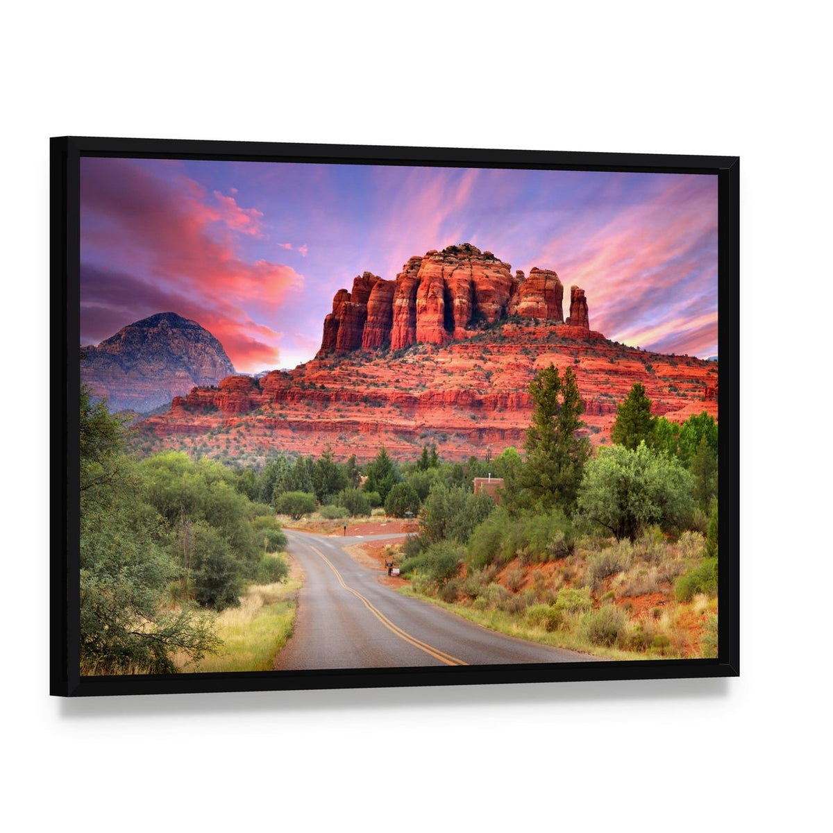 Sedona Scenic Drive at Sunset Canvas Wall Art, framed canvas in a black floater frame, angled product view