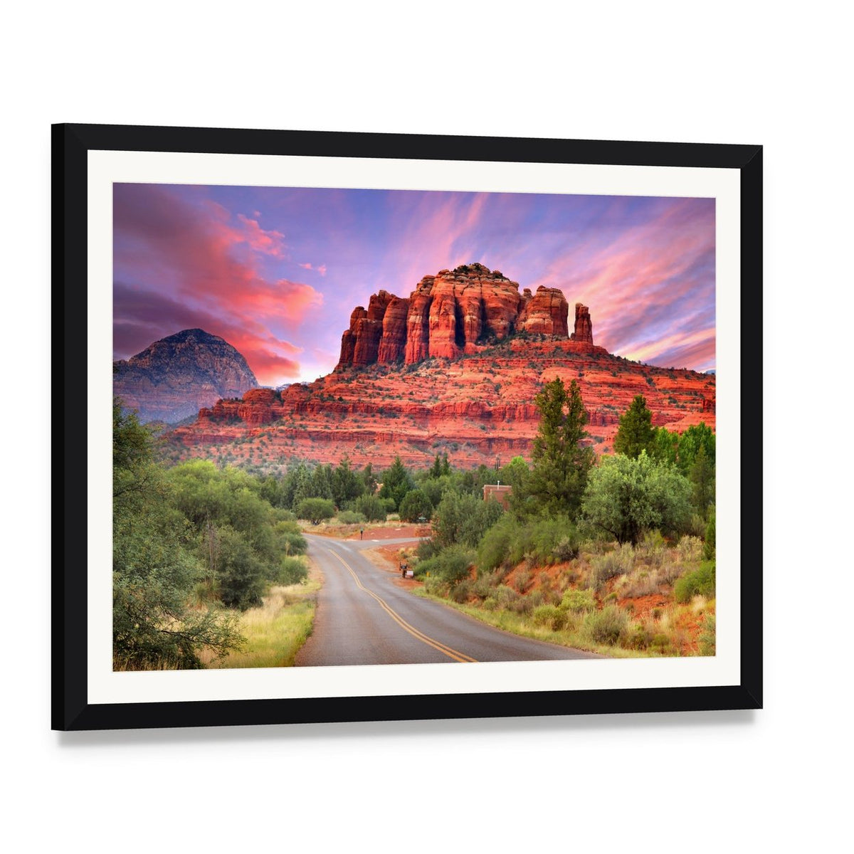 Sedona Scenic Drive at Sunset Canvas Wall Art, framed print with white mat and black frame, angled product view