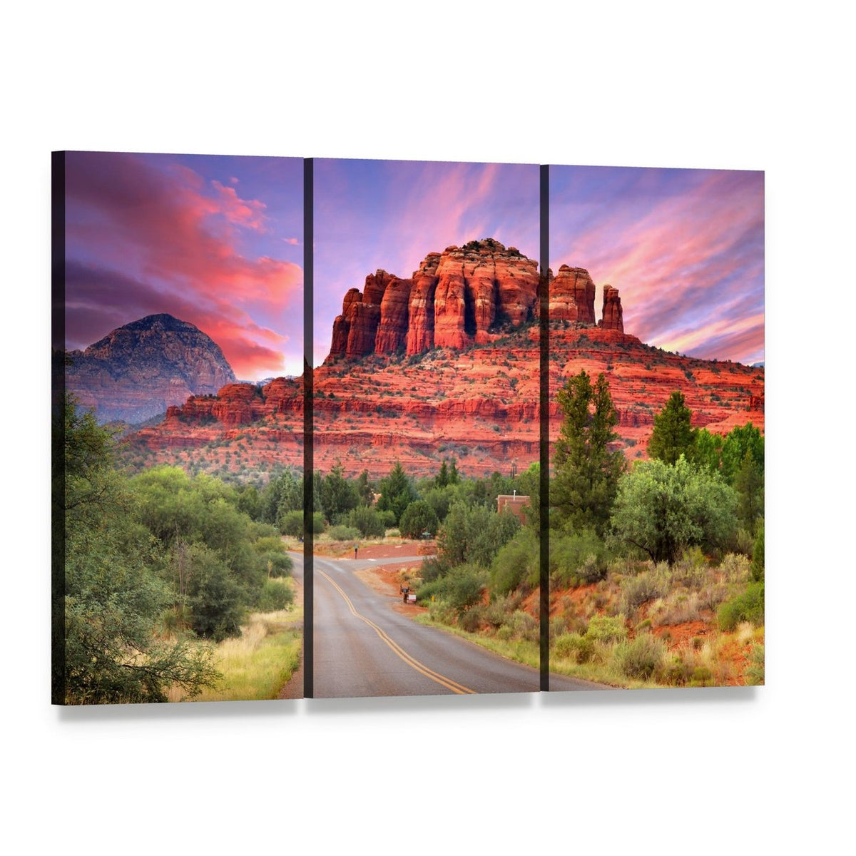 Sedona Scenic Drive at Sunset Canvas Wall Art, 3 panel 3 Horizontal layout gallery wrapped canvas set, angled product view