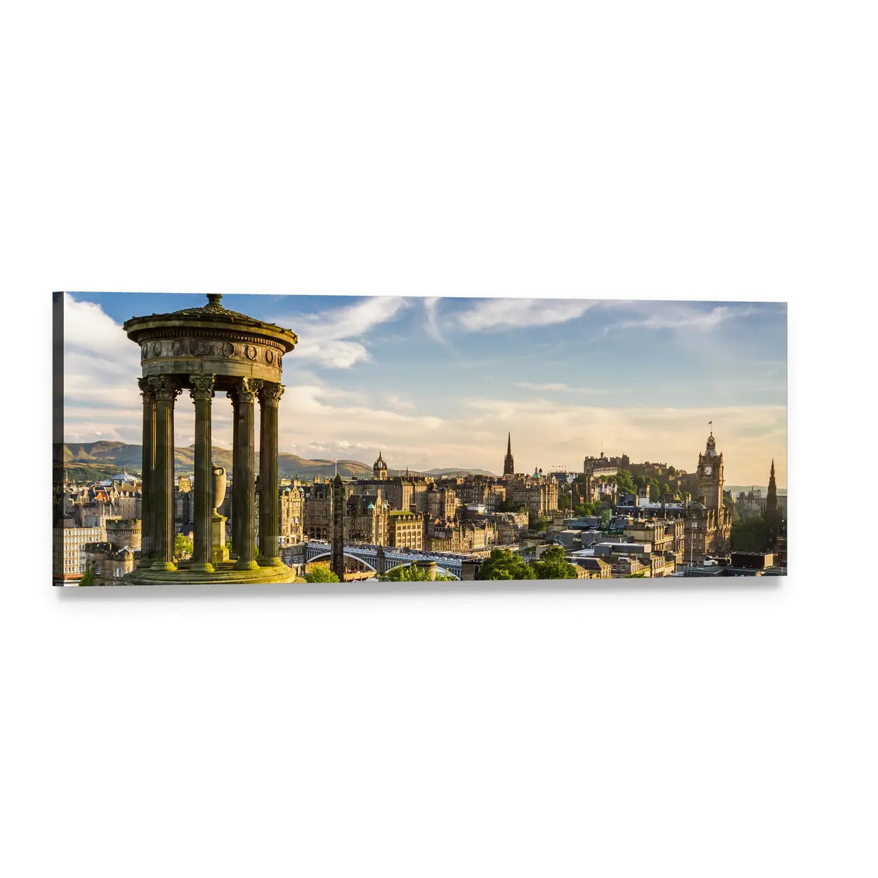 Edinburgh City Skyline with Dugald Stewart Monument Panoramic Canvas Wall Art, single panel gallery wrapped canvas, angled product view