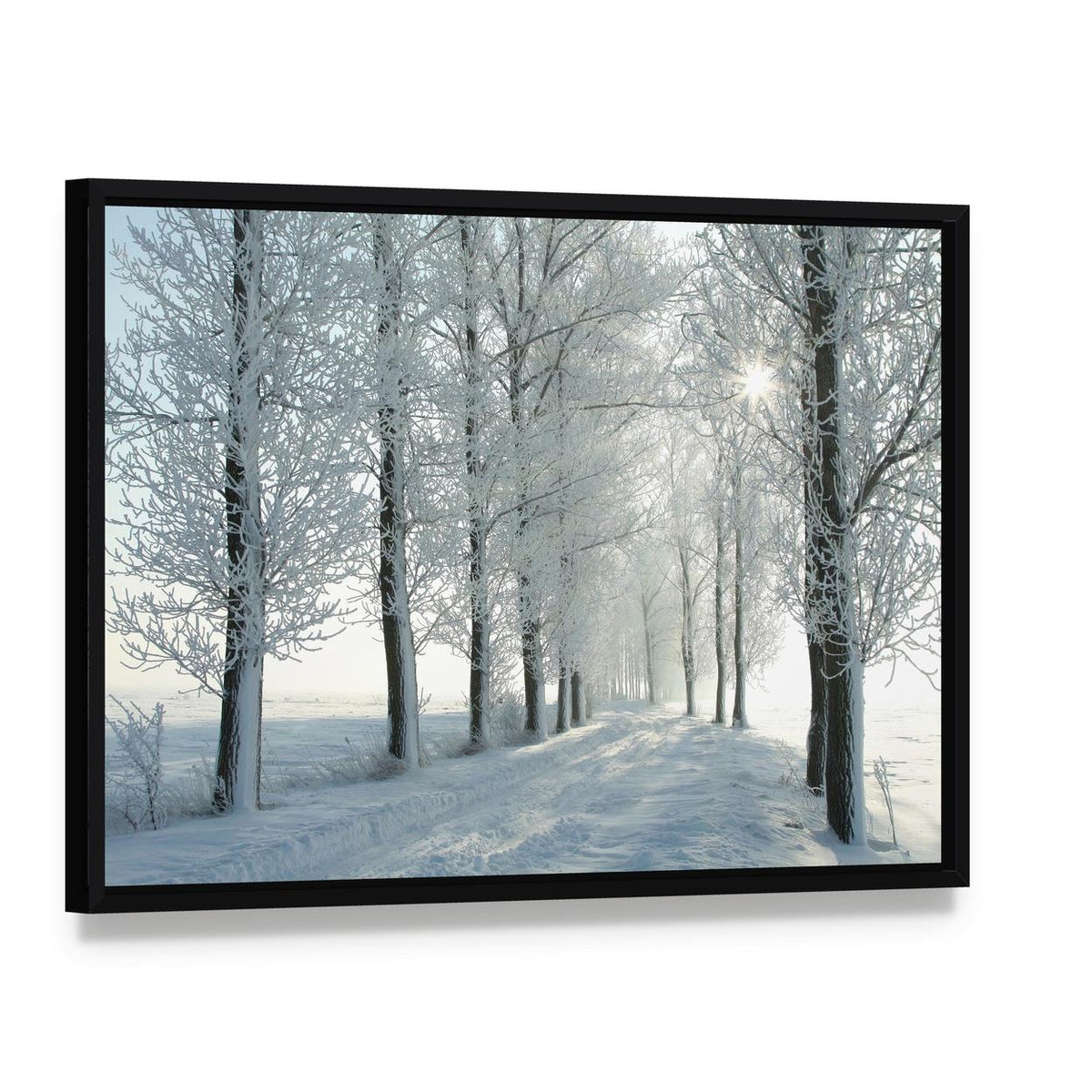 Country Road in Winter Canvas Wall Art, framed canvas in a black floater frame, angled product view