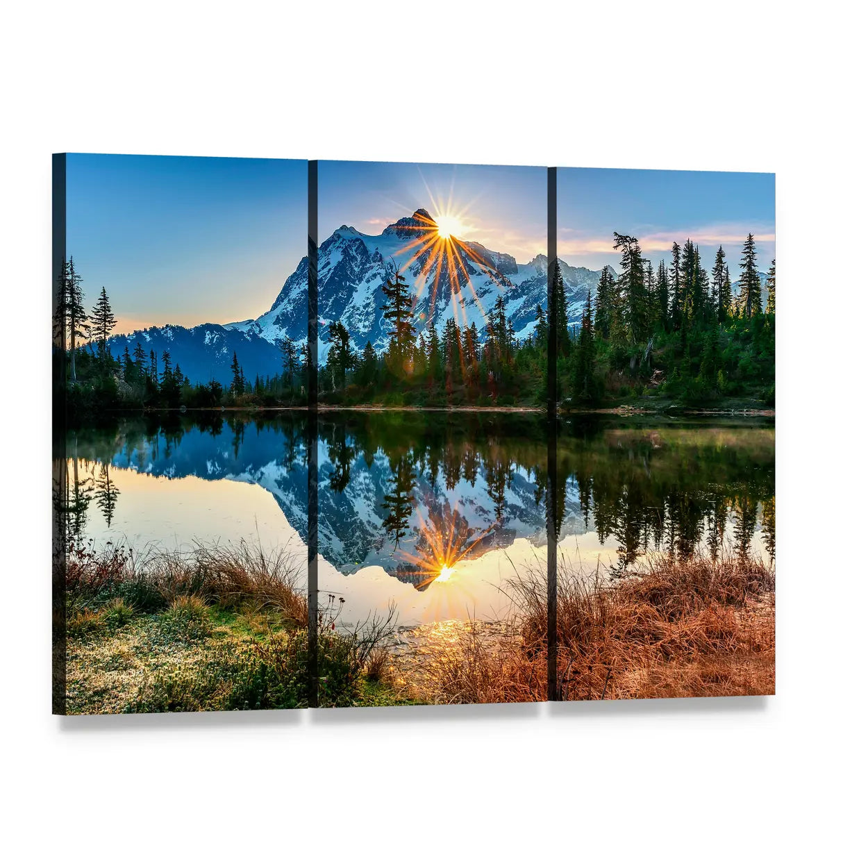 Mountain Reflection in Lake Canvas Wall Art, 3 panel 3 Horizontal layout gallery wrapped canvas set, angled product view