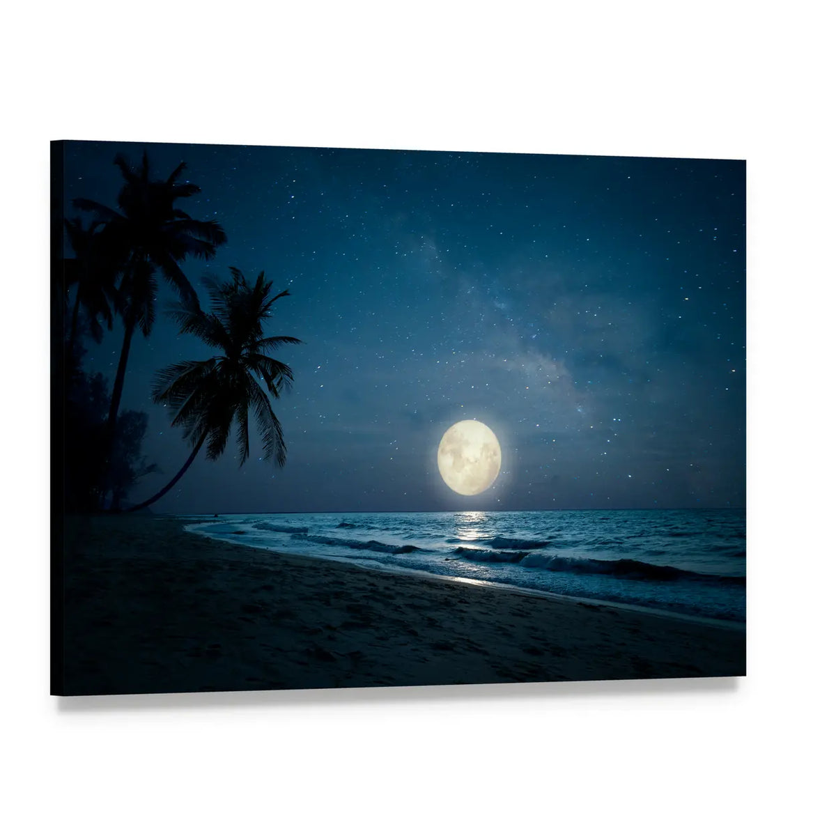 Moonlit Fantasy Tropical Beach Canvas Wall Art, single panel gallery wrapped canvas, angled product view