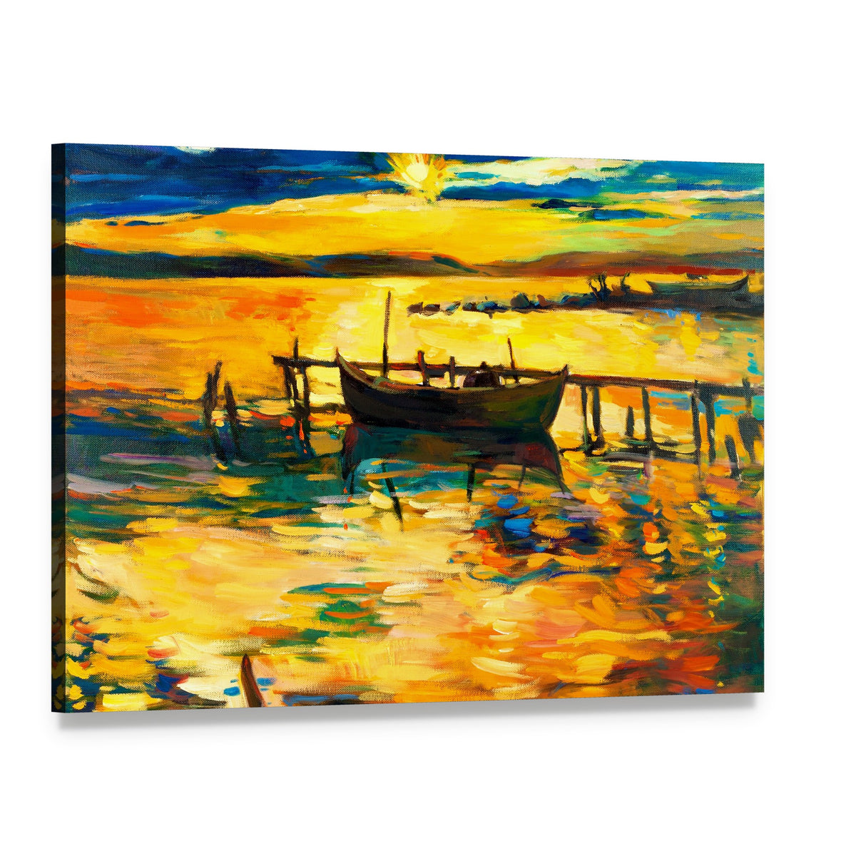 Abstract Boat and Jetty Canvas Wall Art, single panel gallery wrapped canvas, angled product view