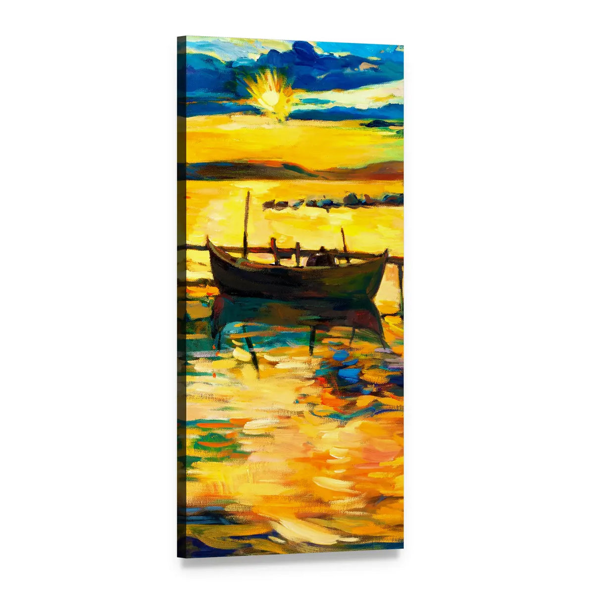 Abstract Boat at Golden Sunset Vertical Canvas Wall Art, 1 panel 1 Vertical layout gallery wrapped canvas set, angled product view