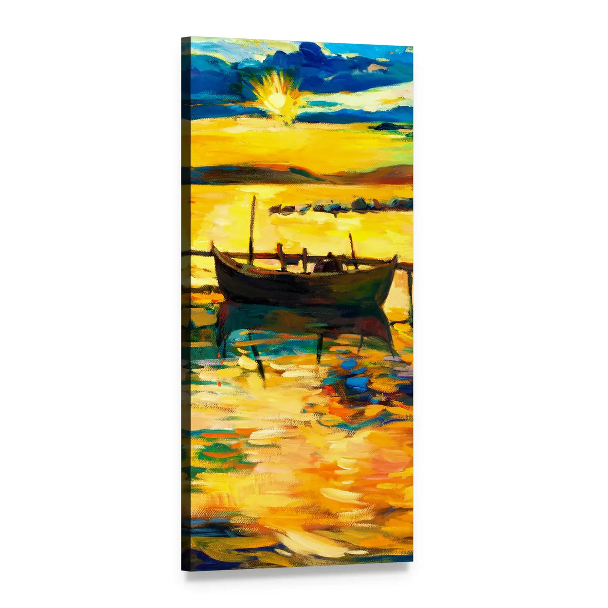 Abstract Boat at Golden Sunset Vertical Canvas Wall Art, 1 panel 1 Vertical layout gallery wrapped canvas set, angled product view