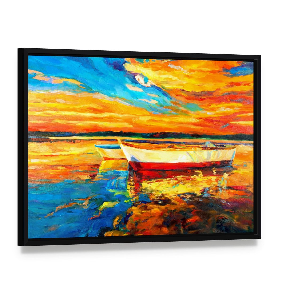 Boat & Sea Abstract Canvas Wall Art, framed canvas in a black floater frame, angled product view