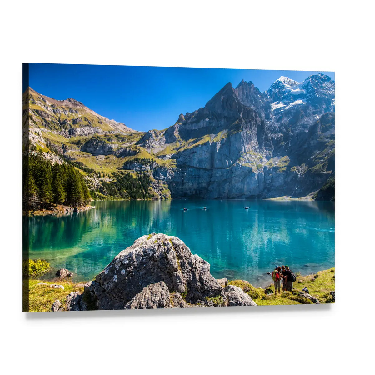 Oeschinen Mountain Lake Canvas Wall Art, single panel gallery wrapped canvas, angled product view