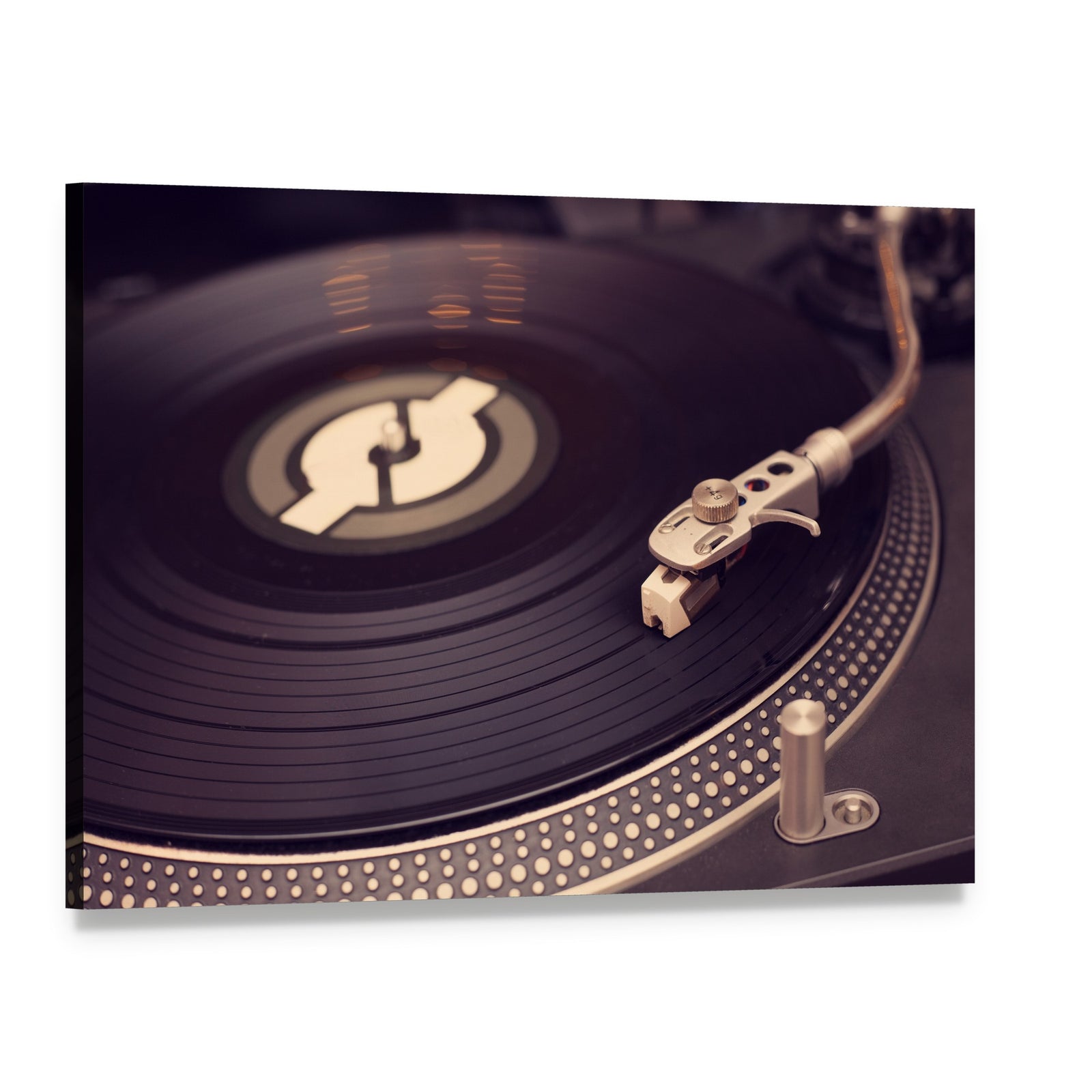 Vintage Vinyl Turntable Close-up Canvas Wall Art, single panel gallery wrapped canvas, angled product view