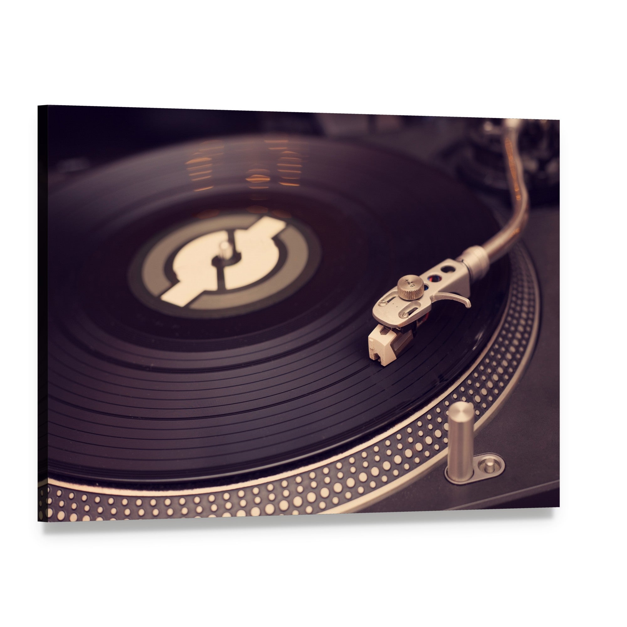 Vintage Vinyl Turntable Close-up Canvas Wall Art, single panel gallery wrapped canvas, angled product view