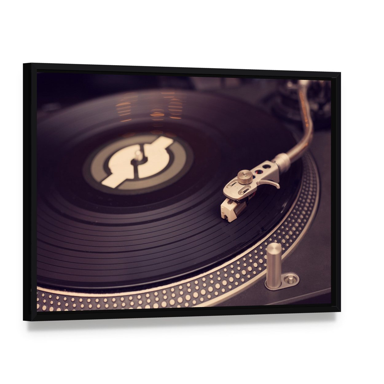 Vintage Vinyl Turntable Close-up Canvas Wall Art, framed canvas in a black floater frame, angled product view