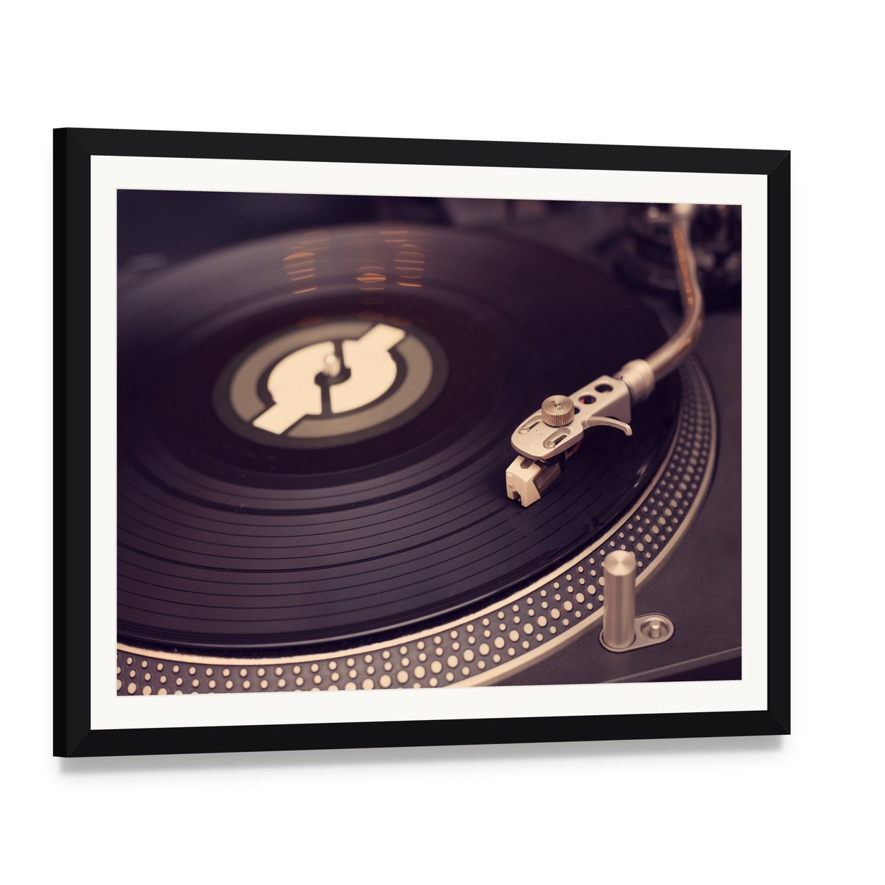 Vintage Vinyl Turntable Close-up Canvas Wall Art, framed print with white mat and black frame, angled product view