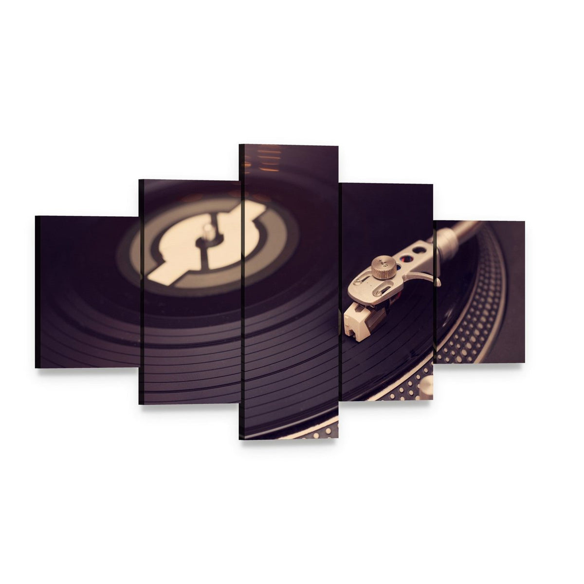 Vintage Vinyl Turntable Close-up Canvas Wall Art, 5 panel 5 Star layout gallery wrapped canvas set, angled product view