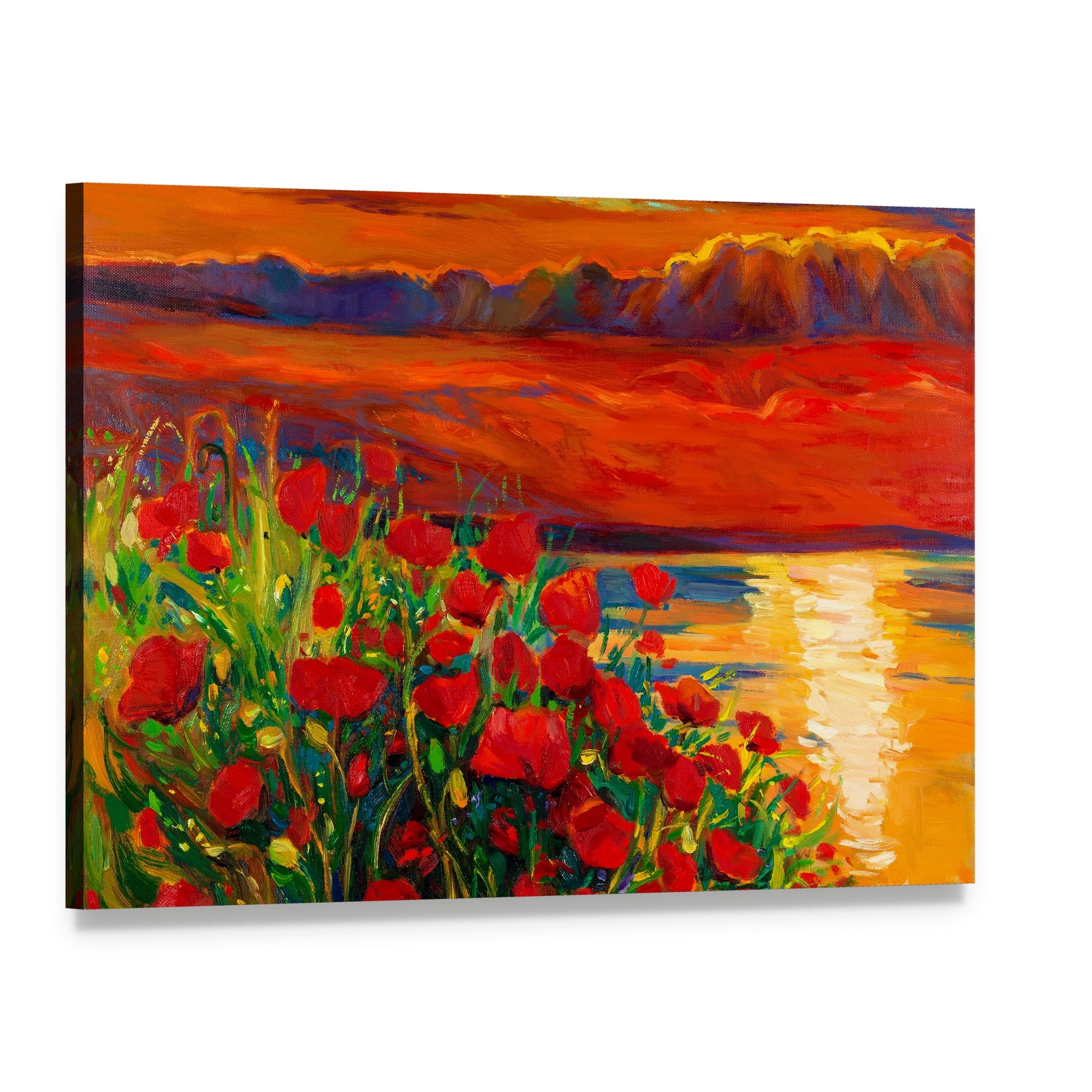 Opium Poppy Field Canvas Wall Art, single panel gallery wrapped canvas, angled product view
