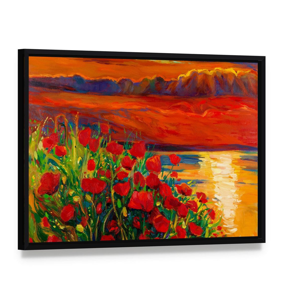 Opium Poppy Field Canvas Wall Art, framed canvas in a black floater frame, angled product view