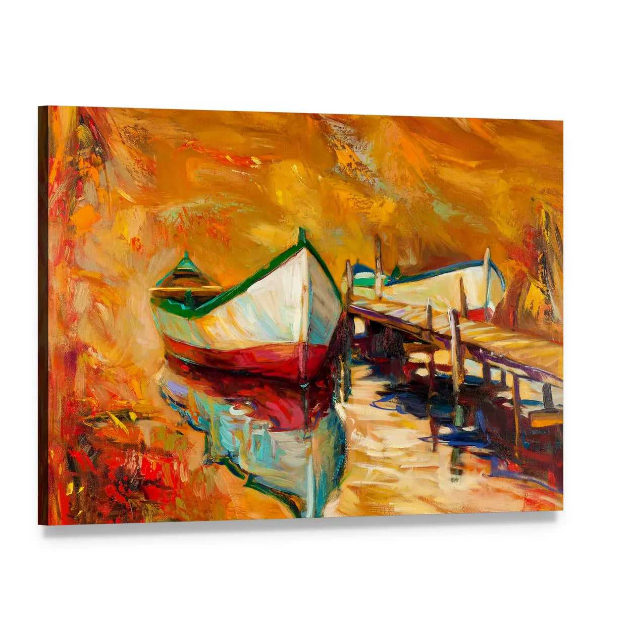 Abstract Boat and Jetty at Sunset Canvas Wall Art, single panel gallery wrapped canvas, angled product view