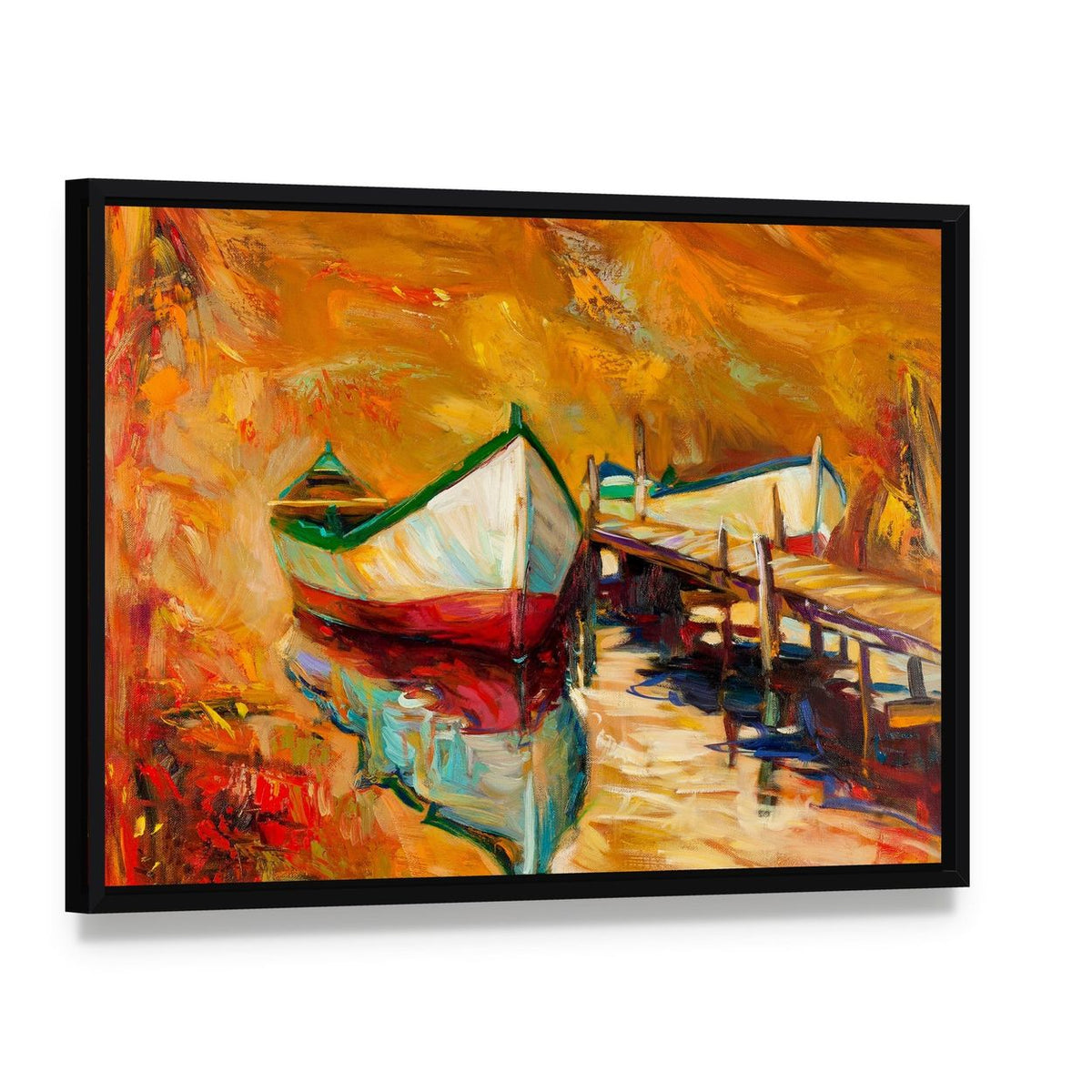 Abstract Boat & Jetty Canvas Wall Art, framed canvas in a black floater frame, angled product view