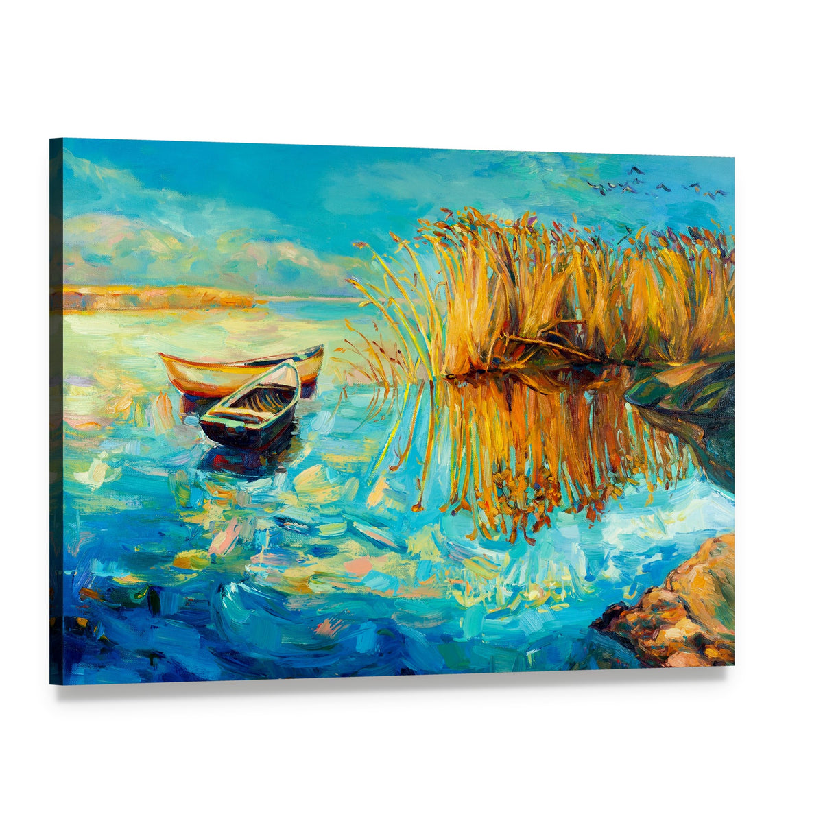 Oil Painting of Boats Canvas Wall Art, single panel gallery wrapped canvas, angled product view