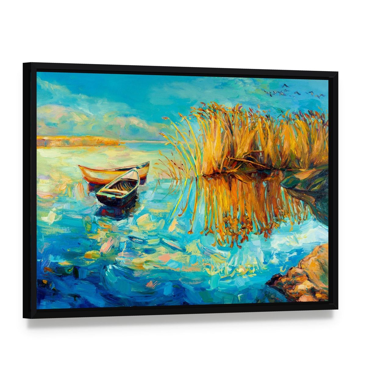Oil Painting of Boats Canvas Wall Art, framed canvas in a black floater frame, angled product view