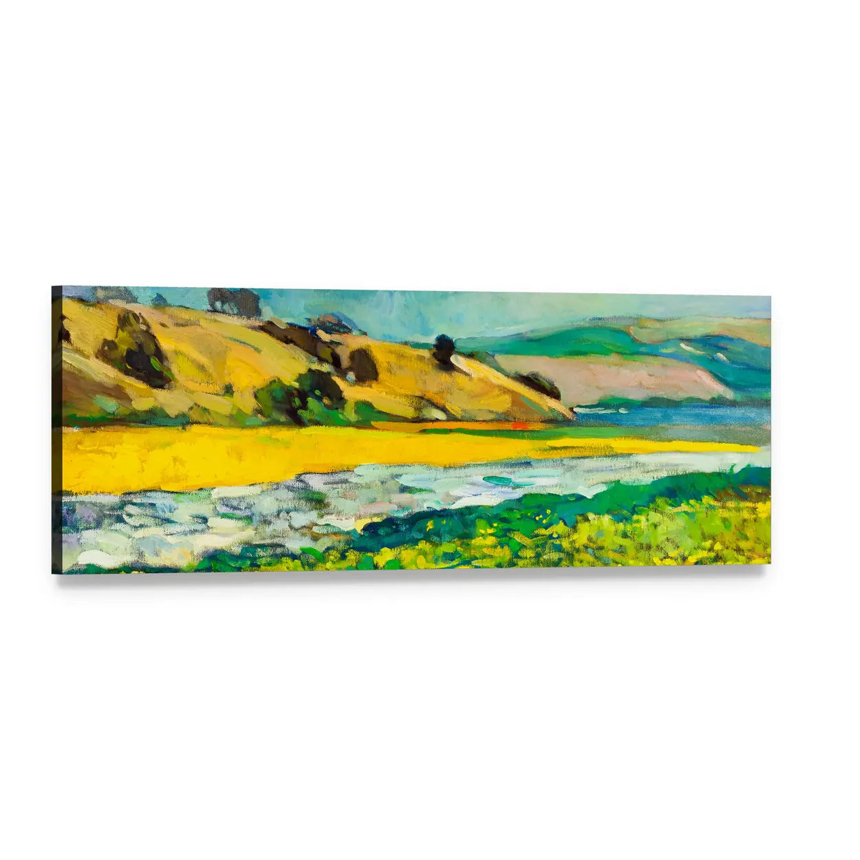 Painterly River Coast and Cliffs Panoramic Canvas Wall Art, single panel gallery wrapped canvas, angled product view