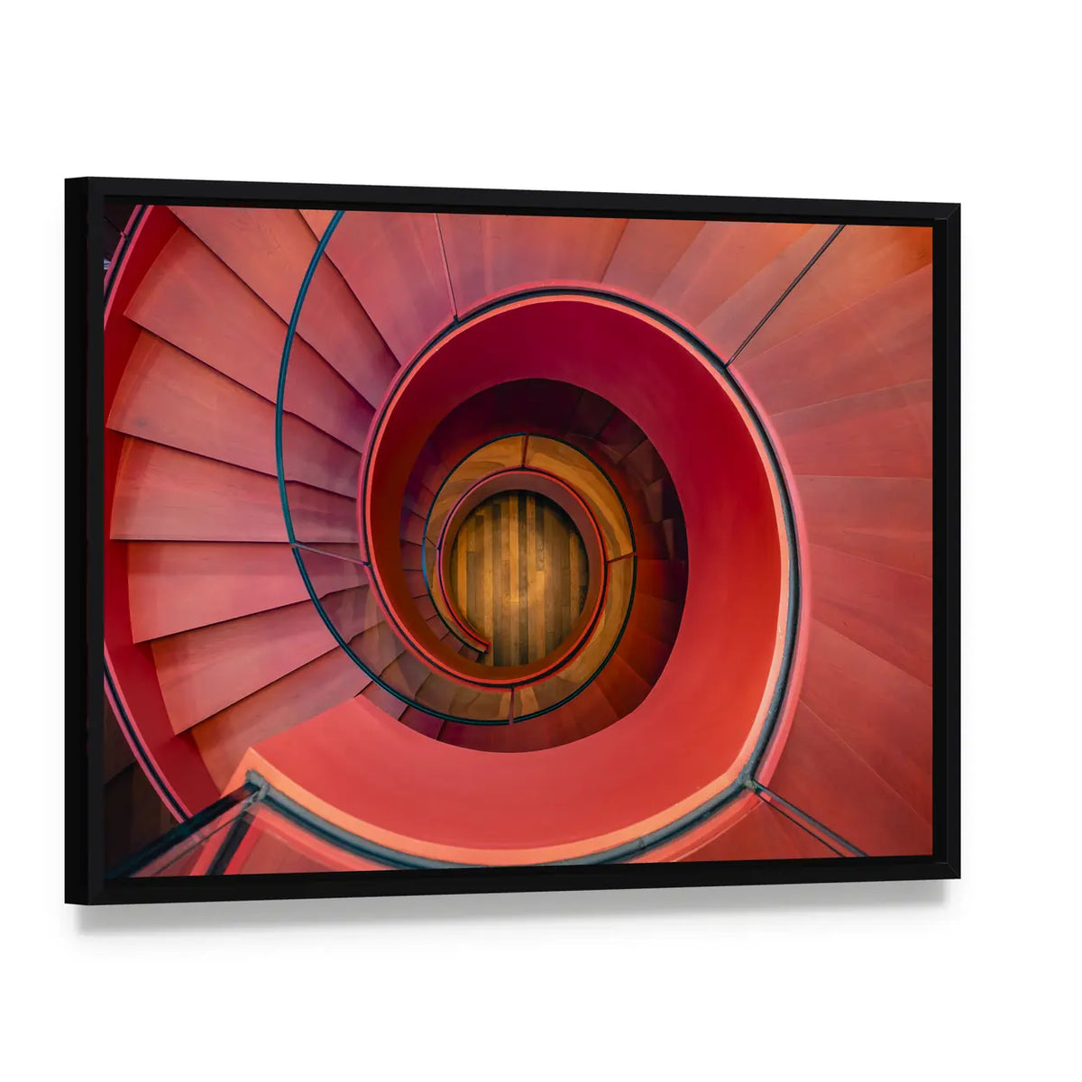 Spiral Staircase Architecture Canvas Wall Art, framed canvas in a black floater frame, angled product view