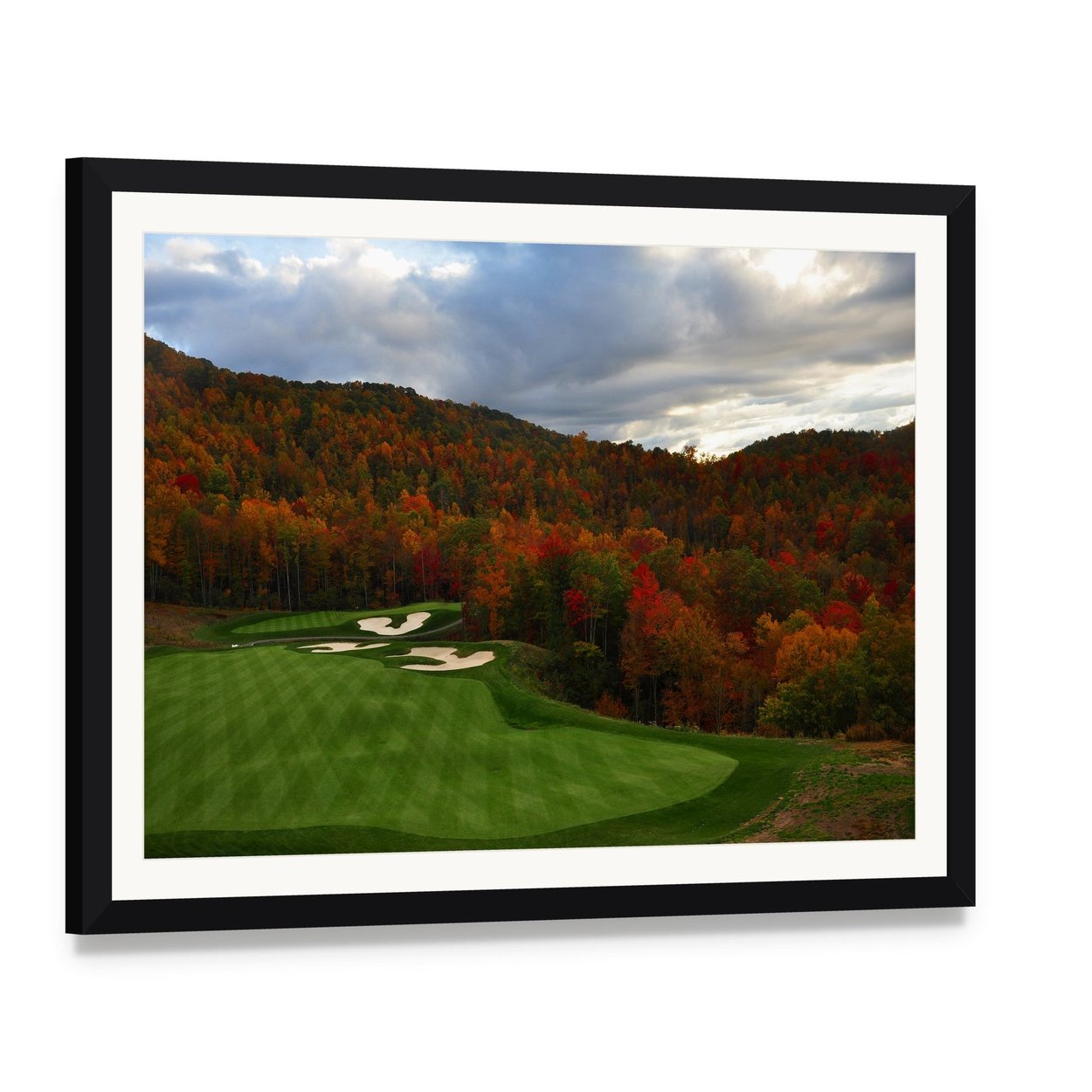 Golf Course in Mountains Canvas Wall Art, framed print with white mat and black frame, angled product view