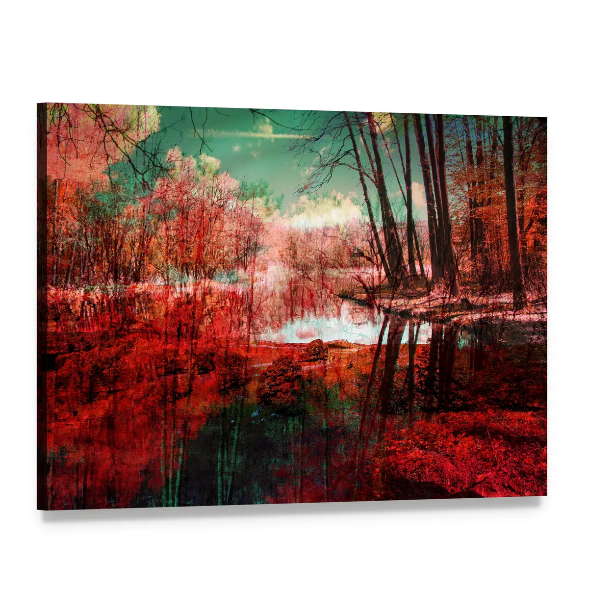 Surreal Autumn Forest Reflection Canvas Wall Art, single panel gallery wrapped canvas, angled product view
