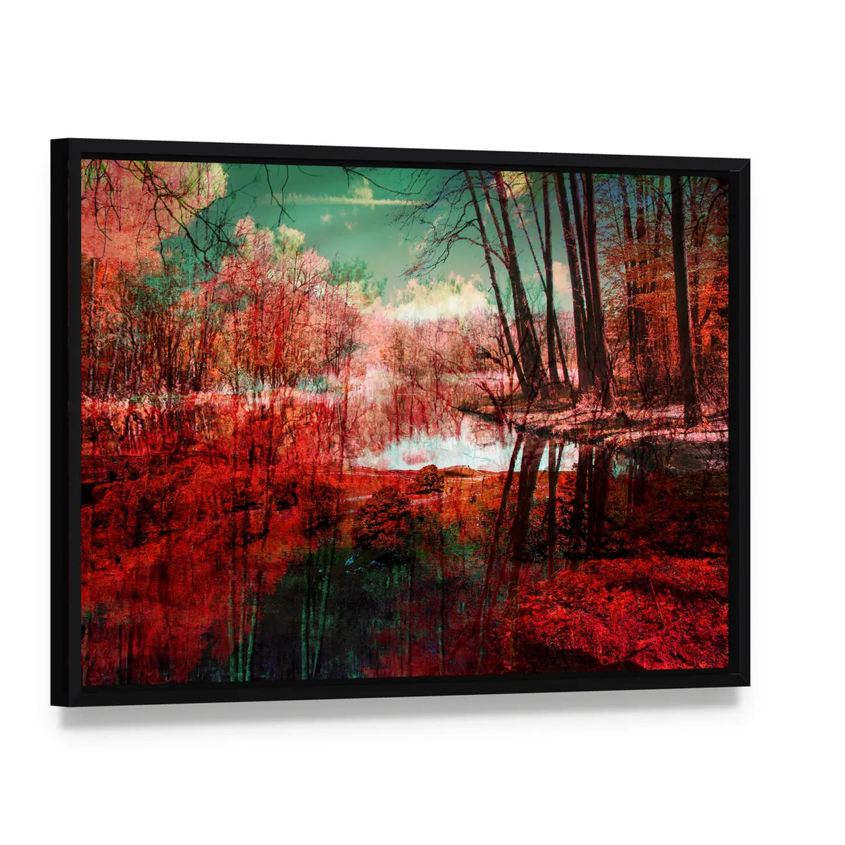 Surreal Autumn Forest Reflection Canvas Wall Art, framed canvas in a black floater frame, angled product view
