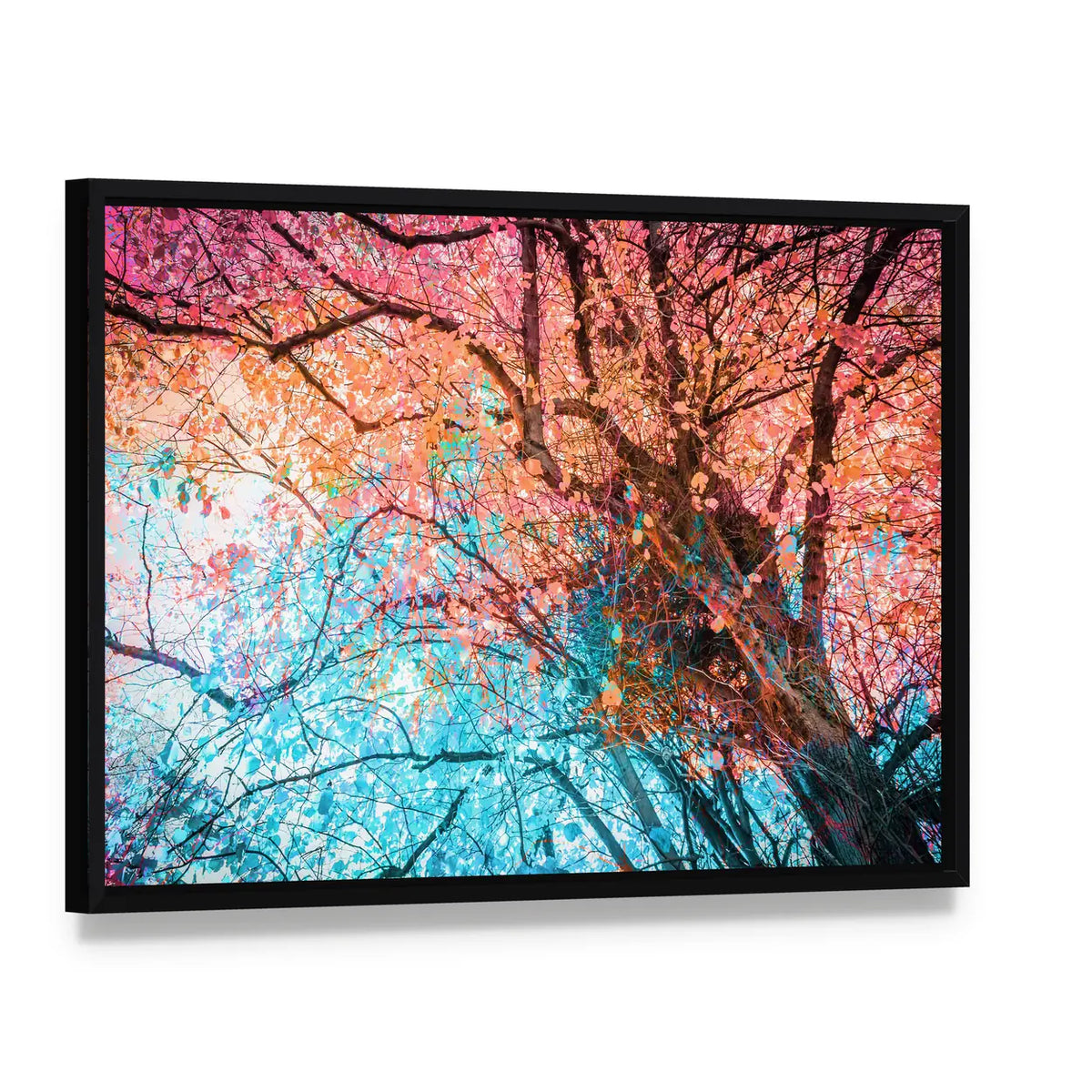 Looking Up Through Colorful Autumn Canopy Canvas Wall Art, framed canvas in a black floater frame, angled product view