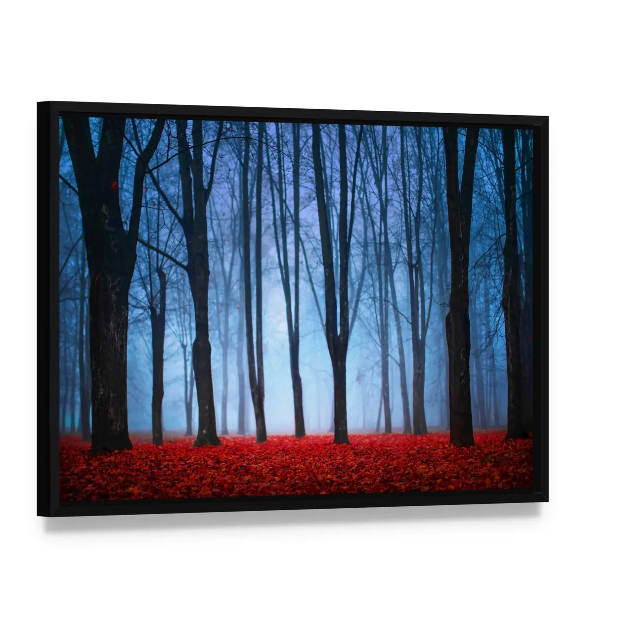 Foggy Autumn Forest with Red Leaves Canvas Wall Art, framed canvas in a black floater frame, angled product view