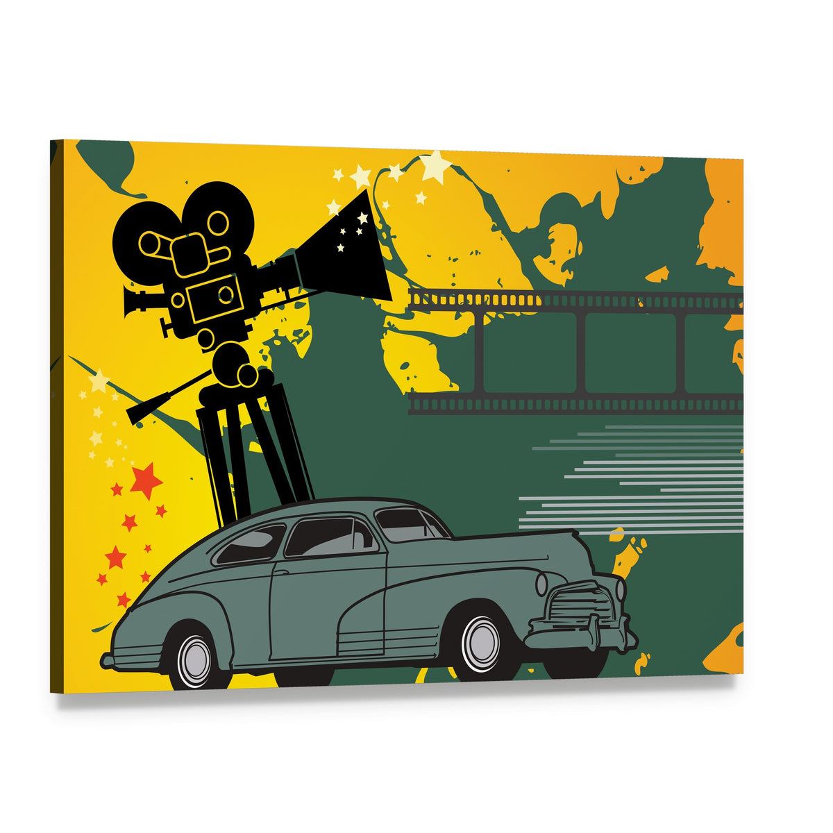 Retro Film Camera and Classic Car Canvas Wall Art, single panel gallery wrapped canvas, angled product view